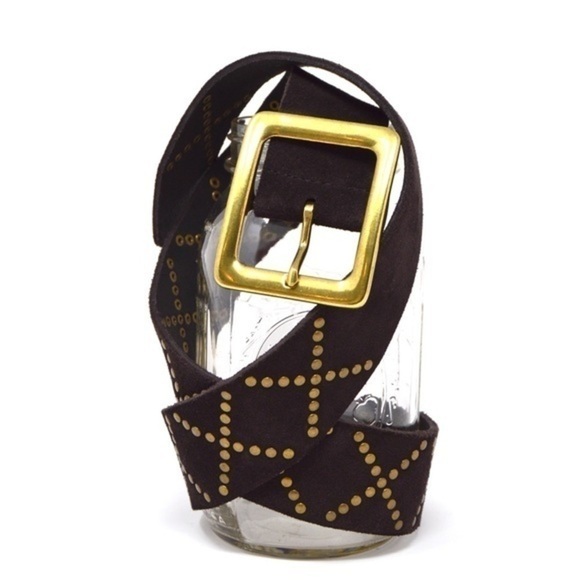 Rich Brown Soft Leather Bronze Stud Belt with Square Gold Tone Buckle - Picture 7 of 7